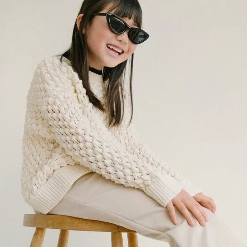 Zara Girl Contrasting Textured Weave Sweater Ecru size 13-14